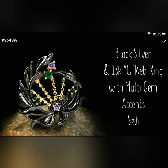 Black silver & multi gem 'web' ring, Sz.6 - Picture 1 of 2